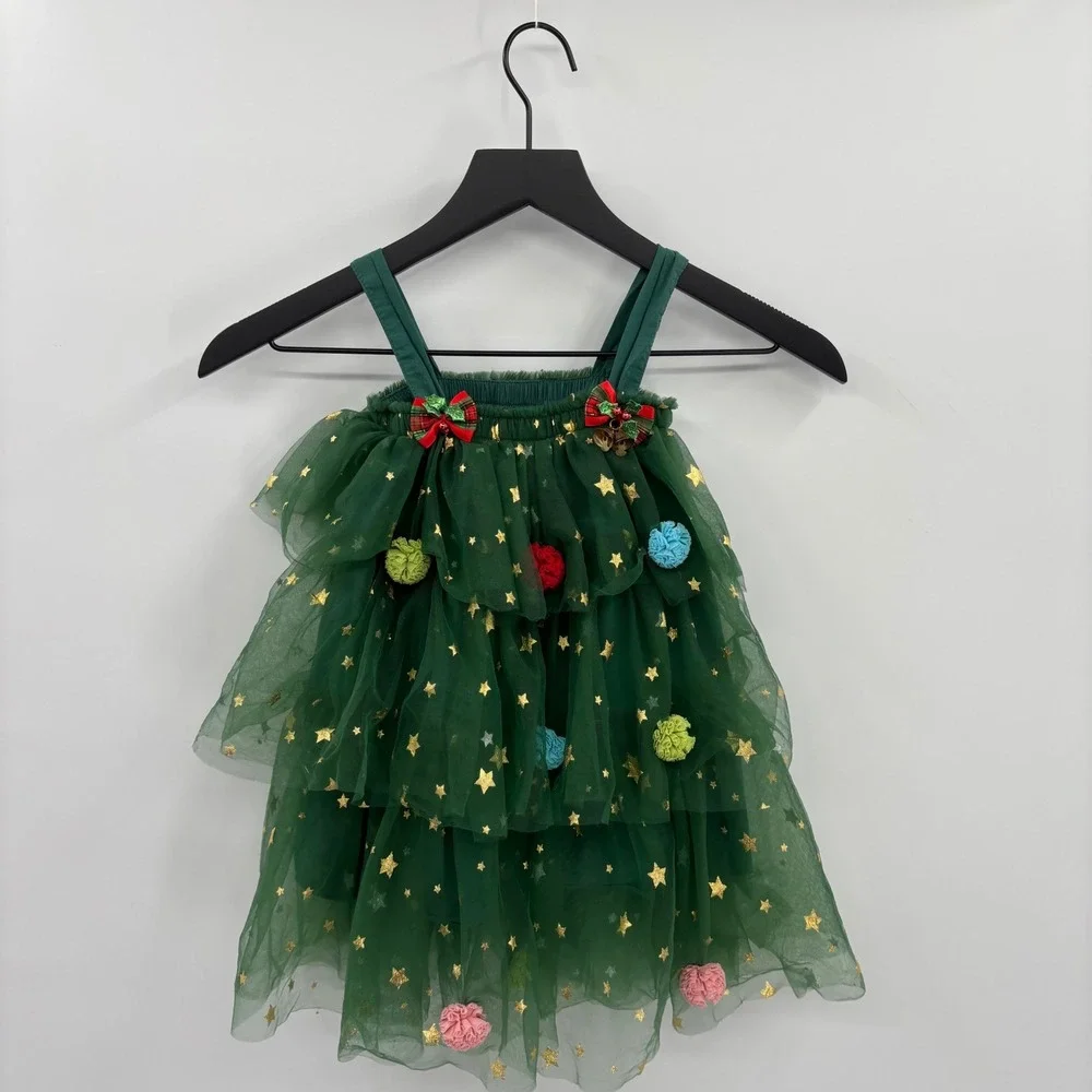Girls Green Tulle Christmas Tree Dress Size 90 2T Gold Stars Bell Pom Poms Lined